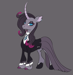 Size: 1758x1800 | Tagged: safe, artist:ravenirik, imported from derpibooru, classical unicorn, pony, unicorn, them's fightin' herds, black eyeshadow, cloven hooves, community related, curved horn, eyeshadow, female, gray background, horn, leonine tail, looking at you, makeup, oleander (tfh), simple background, solo, unshorn fetlocks