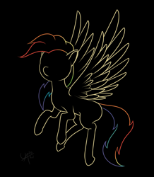 Size: 1671x1920 | Tagged: safe, artist:underwoodart, derpibooru exclusive, imported from derpibooru, oc, oc only, oc:shooting star, pegasus, pony, black background, contrast, flight of the valkyrie, multicolored hair, neon, outline, outlines only, pegasus oc, rainbow hair, simple background, spread wings, the tale of two sisters, wings
