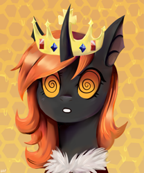 Size: 2001x2400 | Tagged: safe, artist:ske, imported from derpibooru, honeycomb, oc, oc only, oc:teen spirit, bat pony, changeling, hybrid, original species, pony, batling, bust, crown, curved horn, food, high res, honey, horn, hypnosis, jewelry, orange changeling, palindrome get, portrait, regalia, solo, swirly eyes
