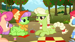 Size: 1920x1080 | Tagged: safe, imported from derpibooru, screencap, apple rose, auntie applesauce, granny smith, sew 'n sow, earth pony, pony, apple family reunion, season 3, apple, apple tree, braid, braided tail, eyes closed, eyeshadow, female, frown, lidded eyes, looking at someone, lying down, makeup, mare, open mouth, outdoors, pincushion, prone, scissors, sewing needle, smiling, tail, thread, tree, young, young apple rose, young auntie applesauce, young granny smith, young sew 'n sow, younger
