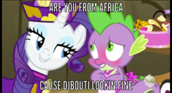 Size: 750x404 | Tagged: safe, edit, edited screencap, imported from derpibooru, screencap, rarity, spike, dragon, pony, unicorn, africa, apron, bedroom eyes, blushing, caption, clothes, djibouti, female, flirting, hub logo, innuendo, male, mare, meme, naked apron, partial nudity, pickup lines, pun, rarity's bad pickup lines, shipping, sparity, straight, text