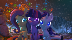 Size: 3840x2160 | Tagged: safe, artist:sylthena, imported from derpibooru, fluttershy, rarity, twilight sparkle, alicorn, pegasus, pony, unicorn, 3d, 4k, cozy, cute, fireplace, fireworks, glowing, glowing eyes, grass, happy new year, high res, holiday, horn, looking at you, mountain, nature, new years eve, snow, snowman, source filmmaker, tree, trio, twilight sparkle (alicorn), wings