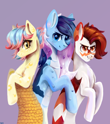 Size: 2500x2808 | Tagged: safe, artist:ske, imported from derpibooru, oc, oc:liu, lamia, original species, pony, friends, gift art, high res, simple background, smiling, trio