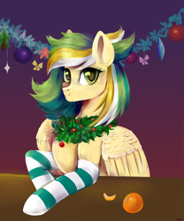 Size: 2501x3001 | Tagged: safe, artist:ske, imported from derpibooru, oc, oc only, pegasus, pony, bust, clothes, happy new year, high res, holiday, new year, portrait, simple background, socks, solo, striped socks, tangerine
