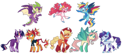 Size: 1800x800 | Tagged: safe, artist:s-grunge, imported from derpibooru, applejack, fluttershy, pinkie pie, rainbow dash, rarity, spike, sunset shimmer, twilight sparkle, dragon, earth pony, flutter pony, pegasus, pony, unicorn, equestria girls, alternate design, alternate hairstyle, alternate mane seven, alternate mane six, applejack's hat, bow, butterfly wings, chest fluff, clothes, coat markings, cowboy hat, ear fluff, eyebrows, eyebrows visible through hair, eyes closed, female, flying, freckles, hat, knee high socks, lidded eyes, looking at you, male, mane seven, mane six, missing cutie mark, one eye closed, redesign, simple background, socks, socks (coat markings), spread wings, transparent background, winged spike, wings