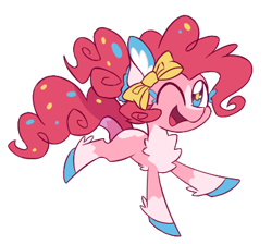 Size: 380x340 | Tagged: safe, artist:s-grunge, imported from derpibooru, part of a set, pinkie pie, earth pony, pony, bow, chest fluff, coat markings, female, mare, one eye closed, open mouth, open smile, redesign, simple background, smiling, socks (coat markings), solo, transparent background