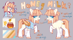 Size: 1600x880 | Tagged: safe, artist:cheekipone, imported from derpibooru, oc, oc only, oc:honey milk, bat pony, pony, bat pony oc, blushing, clothes, cutie mark, eyes closed, food, freckles, honey, hoodie, lidded eyes, raspberry, reference sheet, smiling, solo, tongue out