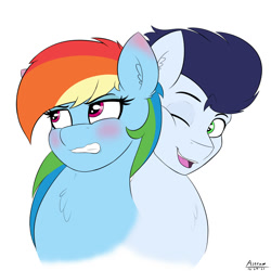 Size: 2000x2000 | Tagged: safe, artist:astrum, imported from derpibooru, part of a set, rainbow dash, soarin', pegasus, pony, affection, blushing, bust, cheek squish, chest fluff, cuddling, digital art, duo, ear blush, embarrassed, female, frown, high res, lidded eyes, looking up, male, mare, nuzzling, one eye closed, open mouth, open smile, shipping, signature, simple background, smiling, soarindash, squishy cheeks, stallion, straight, teeth, tsunderainbow, tsundere, white background