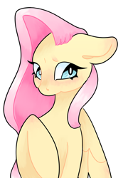 Size: 1280x1773 | Tagged: safe, artist:3y3candy204, imported from derpibooru, fluttershy, pegasus, pony, aside glance, blushing, bust, female, floppy ears, looking at you, mare, raised hoof, simple background, solo, white background, wings