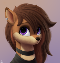 Size: 1900x2000 | Tagged: safe, artist:luminousdazzle, imported from derpibooru, oc, oc only, oc:elmwood, deer, bust, clothes, deer oc, digital art, eyeshadow, fur, long hair, looking up, makeup, portrait, purple eyes, semi-realistic, simple background, solo