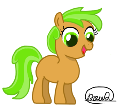 Size: 883x752 | Tagged: safe, artist:daudattano, imported from derpibooru, oc, oc only, earth pony, pony, earth pony oc, female, filly, foal, full body, green eyes, open mouth, open smile, signature, simple background, smiling, solo, standing, tail, two toned mane, two toned tail, white background