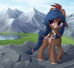 Size: 2400x2200 | Tagged: safe, artist:luminousdazzle, imported from derpibooru, oc, oc only, oc:asabi, earth pony, pony, blaze (coat marking), blue mane, body markings, braid, braided tail, coat markings, detailed background, digital art, earth pony oc, facial markings, feather, high res, lidded eyes, markings, mountain, mountain range, purple eyes, raised eyebrow, smiling, smirk, solo, splotches, tail, unshorn fetlocks, valley, whisker markings, windswept mane