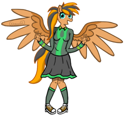 Size: 930x861 | Tagged: safe, artist:daudattano, imported from derpibooru, oc, oc only, anthro, pegasus, blouse, clothes, open mouth, outfit, simple background, skirt, solo, spread wings, white background, wings