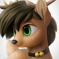 Size: 1000x1000 | Tagged: safe, artist:luminousdazzle, imported from derpibooru, oc, oc only, oc:wandeer, deer, antlers, bell, bell collar, bust, collar, detailed, digital art, freckles, green eyes, portrait, semi-realistic, simple background, smiling, solo