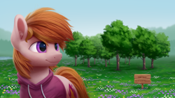 Size: 5760x3240 | Tagged: safe, artist:luminousdazzle, imported from derpibooru, oc, oc:stuben, earth pony, pony, pony town, clothes, detailed, detailed background, digital art, grass, grass field, hoodie, male, purple eyes, semi-realistic, sign, smiling, solo, stallion, tree