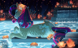 Size: 5100x3176 | Tagged: safe, artist:turnipberry, imported from derpibooru, bonna fide, glamour gleam, lotus blossom, crystal pony, pony, commission, commissioner:reversalmushroom, eyes closed, flower, flower in hair, swimming pool, water, waterfall