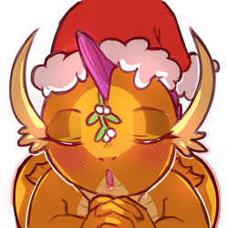 Size: 1159x1159 | Tagged: safe, artist:cold-blooded-twilight, imported from derpibooru, smolder, dragon, blushing, christmas, clasped hands, dragoness, eyes closed, female, folded wings, hat, holiday, kissy face, looking at you, mistletoe, santa hat, simple background, solo, transparent background, wide hips, wings