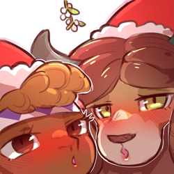 Size: 1159x1159 | Tagged: safe, artist:cold-blooded-twilight, imported from derpibooru, little strongheart, yona, buffalo, yak, blushing, christmas, close-up, duo, hat, holiday, kissy face, looking at you, mistletoe, santa hat, simple background, transparent background