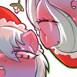 Size: 1159x1159 | Tagged: safe, artist:cold-blooded-twilight, imported from derpibooru, cloudchaser, flitter, pegasus, pony, blushing, christmas, duo, eyes closed, hat, holiday, kissy face, lidded eyes, mistletoe, santa hat, siblings, simple background, transparent background, twins