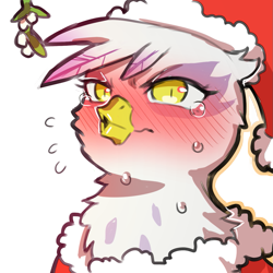 Size: 1159x1159 | Tagged: safe, artist:cold-blooded-twilight, imported from derpibooru, gilda, griffon, blushing, christmas, clothes, costume, embarrassed, frown, hat, holiday, kissy face, mistletoe, santa costume, santa hat, simple background, slit pupils, solo, sweat, teary eyes, transparent background, tsundere