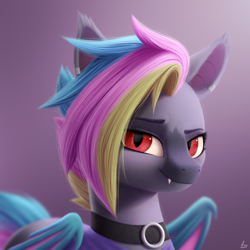 Size: 2000x2000 | Tagged: safe, artist:luminousdazzle, imported from derpibooru, oc, oc only, oc:black opal, bat pony, pony, bat pony oc, bat wings, bust, choker, detailed, digital art, ear piercing, facial markings, fangs, female, fur, high res, looking at you, mare, piercing, red eyes, simple background, slit pupils, smiling, smirk, solo, wings