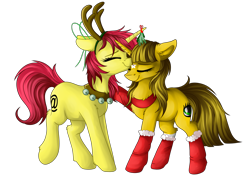 Size: 4093x2894 | Tagged: safe, artist:julunis14, imported from derpibooru, oc, oc only, oc:ayza, oc:baatochan, pony, unicorn, derpibooru community collaboration, 2022 community collab, animal costume, antlers, christmas, christmas stocking, coat markings, costume, cute, facial markings, female, forehead kiss, holiday, kissing, lesbian, mistletoe, reindeer antlers, reindeer costume, shipping, simple background, socks (coat markings), star (coat marking), transparent background