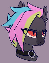 Size: 1460x1850 | Tagged: safe, artist:luminousdazzle, imported from derpibooru, oc, oc:black opal, bat pony, pony, bust, choker, doodle, ear fluff, ear piercing, facial markings, female, mare, piercing, portrait, red eyes, slit pupils, solo, unamused