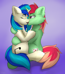 Size: 4298x4884 | Tagged: safe, artist:flapstune, imported from derpibooru, dj pon-3, vinyl scratch, oc, oc:jonin, pony, unicorn, canon x oc, chest fluff, ear fluff, female, fluffy, horn, hug, kissing, male, mare, shipping, signature, simple background, stallion, tail, unicorn oc