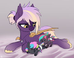 Size: 2000x1560 | Tagged: safe, artist:luminousdazzle, imported from derpibooru, oc, oc:ametrine, oc:black opal, oc:tourmaline, bat pony, pony, ear fluff, fangs, female, foal, gemstones, gradient hooves, jewelry, lying down, mare, mother, mother and child, mother and daughter, necklace, ponytail, siblings, sisters, smiling, unshorn fetlocks