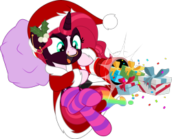 Size: 6162x5000 | Tagged: safe, artist:jhayarr23, imported from derpibooru, oc, oc only, oc:painted lilly, pony, unicorn, bag, cannon, christmas, clothes, coat, commission, confetti, costume, ear piercing, earring, hat, holiday, jewelry, markings, mistleholly, nonbinary, nose piercing, nose ring, open mouth, open smile, piercing, present, santa costume, santa hat, simple background, smiling, socks, solo, striped socks, transparent background, ych result