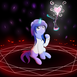 Size: 3000x3000 | Tagged: safe, artist:melody joy, imported from derpibooru, oc, oc:simetra, pony, unicorn, abstract background, bandage, clothes, female, high res, looking up, love potion, magic, pentagram, potion, potion making, red eyes, robe, solo