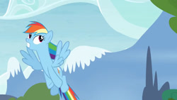 Size: 854x480 | Tagged: safe, imported from derpibooru, screencap, rainbow dash, pegasus, pony, season 4, testing testing 1-2-3, female, flying, gritted teeth, mare, mountain, outdoors, solo, spread wings, wings