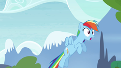 Size: 1280x720 | Tagged: safe, imported from derpibooru, screencap, rainbow dash, pegasus, pony, season 4, testing testing 1-2-3, d:, female, flying, mare, mountain, open mouth, outdoors, solo, wings