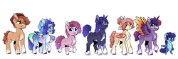 Size: 6177x2048 | Tagged: safe, artist:moccabliss, imported from derpibooru, applejack, fluttershy, pinkie pie, rainbow dash, rarity, spike, twilight sparkle, alicorn, dragon, earth pony, pegasus, pony, unicorn, alternate design, eye clipping through hair, eyebrows, eyebrows visible through hair, female, frown, glasses, grin, high res, looking at you, mane seven, mane six, mare, scar, simple background, smiling, smiling at you, spread wings, transgender, twilight sparkle (alicorn), white background, wings