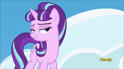 Size: 1280x720 | Tagged: safe, imported from derpibooru, screencap, starlight glimmer, pony, unicorn, season 5, the cutie re-mark, bedroom eyes, discovery family, discovery family logo, female, logo, mare, s5 starlight, solo