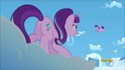 Size: 1280x720 | Tagged: safe, imported from derpibooru, screencap, starlight glimmer, twilight sparkle, alicorn, season 5, the cutie re-mark, angry, butt, cloud, cloudsdale, discovery family, discovery family logo, female, glimmer glutes, logo, mare, plot, twilight sparkle (alicorn), unamused