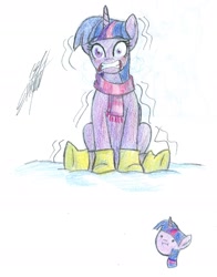 Size: 1861x2378 | Tagged: safe, artist:nightshadow154, imported from derpibooru, twilight sparkle, pony, boots, clothes, cold, scarf, shoes, snow, solo, traditional art