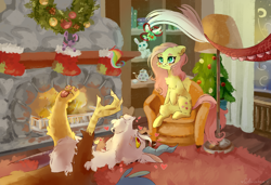 Size: 1280x873 | Tagged: safe, artist:colorbrush, imported from derpibooru, discord, fluttershy, twilight sparkle, draconequus, pegasus, pony, blushing, chair, chest fluff, christmas, christmas decoration, christmas tree, christmas wreath, cute, discoshy, discute, duo, ear fluff, female, fireplace, fluffy, folded wings, happy new year, heart, holiday, indoors, lamp, looking at someone, looking at something, looking up, lying down, male, mare, mistleholly, new year, on back, prehensile tail, raised hoof, shelf, shipping, sitting, smiling, straight, tail, tail hold, tree, wings, wreath