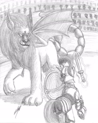 Size: 2527x3136 | Tagged: safe, artist:nightshadow154, imported from derpibooru, manticore, pony, unicorn, armor, high res, levitation, magic, monochrome, sword, telekinesis, traditional art, weapon