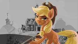 Size: 2666x1500 | Tagged: safe, artist:musical ray, imported from derpibooru, applejack, earth pony, pony, chicago, grand theft auto, gta iv, gun, shotgun, solo, weapon