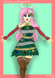 Size: 1280x1807 | Tagged: safe, artist:lennondash, imported from derpibooru, fluttershy, equestria girls, christmas, christmas tree, clothes, dress, female, fluttertree, gloves, halo, holiday, i'd like to be a tree, long gloves, merry christmas, solo, tree