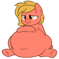 Size: 1080x1080 | Tagged: safe, anonymous artist, artist:worstsousaphonehorse, derpibooru exclusive, edit, imported from derpibooru, oc, oc only, oc:belly mist, pony, :t, belly, belly button, bellyrubs, fat, full body, hungry, obese, orange eyes, show accurate, simple background, sitting, smiling, solo, trace, white background