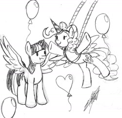 Size: 1423x1371 | Tagged: safe, artist:nightshadow154, imported from derpibooru, pinkie pie, twilight sparkle, alicorn, earth pony, pony, balloon, fake horn, fake wings, signature, traditional art, twilight sparkle (alicorn)