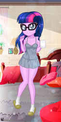 Size: 739x1471 | Tagged: safe, artist:charliexe, imported from derpibooru, sci-twi, twilight sparkle, equestria girls, adorasexy, bare shoulders, bed, breasts, cabinet, clothes, cute, female, glasses, grin, lamp, looking at you, mug, nightgown, pajamas, picture, pillow, sexy, sleeveless, slippers, smiling, smiling at you, socks, solo, window