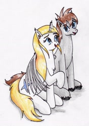 Size: 2336x3324 | Tagged: safe, artist:40kponyguy, derpibooru exclusive, imported from derpibooru, oc, oc:jezza, oc:tecuro, pegasus, unicorn, derpibooru community collaboration, chest fluff, couple, cute, ear fluff, female, high res, hug, looking at each other, male, mare, raised hoof, simple background, stallion, traditional art, unshorn fetlocks, winghug, wings