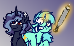 Size: 4000x2500 | Tagged: safe, artist:witchtaunter, imported from derpibooru, lyra heartstrings, oc, oc:witching hour, pony, unicorn, angry, baseball bat, chest fluff, duo, ear fluff, eye clipping through hair, faic, female, glowing, glowing horn, gradient background, high res, horn, imminent violence, l.u.l.s., magic, magic aura, mare, smiling, telekinesis, this will end in death, this will end in pain, unaware, unicorn oc