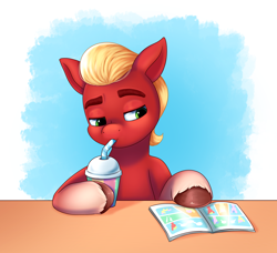 Size: 3000x2738 | Tagged: safe, artist:malarkey, imported from derpibooru, sprout cloverleaf, earth pony, pony, comic book, cup, drinking, drinking straw, g5, high res, lidded eyes, male, my little pony: a new generation, smoothie, solo, stallion, table