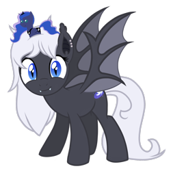 Size: 1200x1200 | Tagged: safe, artist:toyminator900, imported from derpibooru, princess luna, oc, oc only, oc:stargazer, bat pony, pony, derpibooru community collaboration, 2022 community collab, bat pony oc, bat wings, blue eyes, cute, cute little fangs, ear fluff, ear piercing, ear tufts, earring, fangs, female, full body, jewelry, looking at you, mare, piercing, plushie, pointy ponies, show accurate, simple background, slit pupils, smiling, smiling at you, solo, spread wings, standing, tail, transparent background, white mane, white tail, wings