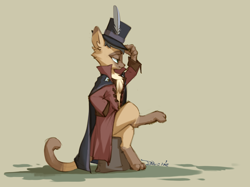 Size: 2732x2048 | Tagged: safe, artist:blue ink, imported from derpibooru, capper dapperpaws, abyssinian, anthro, cat, digitigrade anthro, chest fluff, clothes, crossed legs, feather, hat, high res, looking to the right, male, simple background, sitting, smiling, solo, tan background, top hat