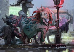 Size: 4096x2896 | Tagged: safe, artist:quiet-victories, imported from derpibooru, oc, oc:sheron, earth pony, pegasus, pony, unicorn, braid, building, bus, car, cellphone, city, clothes, coat, earbuds, high res, horn, horns, jacket, lamppost, neon, neon sign, phone, rain, sign, smartphone, street, traffic light, wind, wings